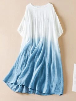 Women's Casual Dress Cotton Linen Dress Swing Dress Midi Dress Polyester Fashion Casual Outdoor Daily Vacation Crew Neck Pocket Print Half Sleeve Spring Fall Autumn 2023 Loose Fit Pink Blue Brown -HAYz Clothing Shop zmdaww1694418839785