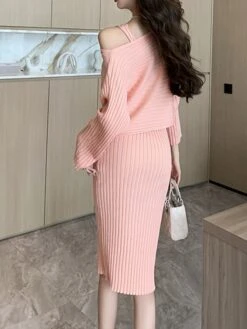 Women's Two Piece Dress Set Casual Dress Skirt Set Outdoor Daily Fashion Streetwear Ruched Midi Dress V Neck Long Sleeve Plain Slim Black Pink Green Fall Winter One-Size -HAYz Clothing Shop zmdlni1693374466268