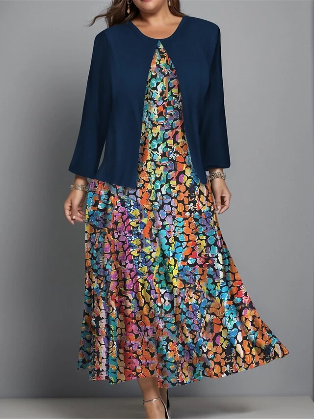 Women's Plus Size Two Piece Dress Set Casual Dress Swing Dress Outdoor Office Fashion Streetwear Print Midi Dress Crew Neck Long Sleeve Floral Regular Fit Red Navy Blue Blue Fall Winter L XL XXL 3XL 4 Women's Plus Size Two Piece Dress Set Casual Dress Swing Dress Outdoor Office Fashion Streetwear Print Midi Dress Crew Neck Long Sleeve Floral Regular Fit Red Navy Blue Blue Fall Winter L XL XXL 3XL - Image 4