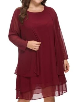 Women‘s Plus Size Curve Casual Dress Solid Color Crew Neck Mesh Long Sleeve Spring Fall Casual Knee Length Dress Daily Vacation Dress -HAYz Clothing Shop zmpznh1652432917837
