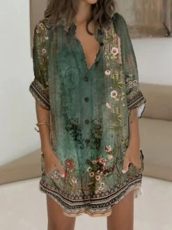Women's Shirt Dress Casual Dress Shift Dress Mini Dress Outdoor Daily Vacation Polyester Casual Vintage Retro Stand Collar Button Pocket Long Sleeve Summer Spring Fall 2023 Regular Fit Green Floral S