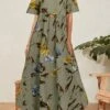 Women's Casual Dress Cotton Linen Dress Swing Dress Maxi Long Dress Cotton Blend Basic Casual Outdoor Daily Vacation Crew Neck Ruched Print Short Sleeve Summer Spring 2023 Loose Fit Green Khaki Flower