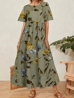 Women's Casual Dress Cotton Linen Dress Swing Dress Maxi Long Dress Cotton Blend Basic Casual Outdoor Daily Vacation Crew Neck Ruched Print Short Sleeve Summer Spring 2023 Loose Fit Green Khaki Flower