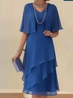Women's Two Piece Dress Set Casual Dress Chiffon Dress Outdoor Office Elegant Modern Layered Midi Dress V Neck Half Sleeve Plain Regular Fit Blue Summer Spring M L XL XXL 3XL