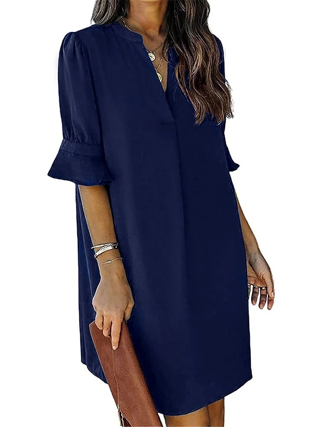 Women's Shirt Dress Casual Dress Shift Dress Mini Dress Outdoor Daily Polyester Basic Classic Split Neck Ruffle Half Sleeve Summer Spring Fall 2023 Loose Fit Light Pink Black Pink Plain S M L XL 2XL 5 Women's Shirt Dress Casual Dress Shift Dress Mini Dress Outdoor Daily Polyester Basic Classic Split Neck Ruffle Half Sleeve Summer Spring Fall 2023 Loose Fit Light Pink Black Pink Plain S M L XL 2XL - Image 5