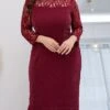 Women‘s Plus Size Curve Party Dress Lace Dress Cocktail Dress Midi Dress Wine Long Sleeve Pure Color Lace Spring Fall Winter Crew Neck Fashion Winter Dress Birthday Wedding Guest 2023