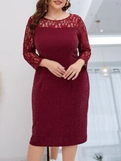 Women‘s Plus Size Curve Party Dress Lace Dress Cocktail Dress Midi Dress Wine Long Sleeve Pure Color Lace Spring Fall Winter Crew Neck Fashion Winter Dress Birthday Wedding Guest 2023