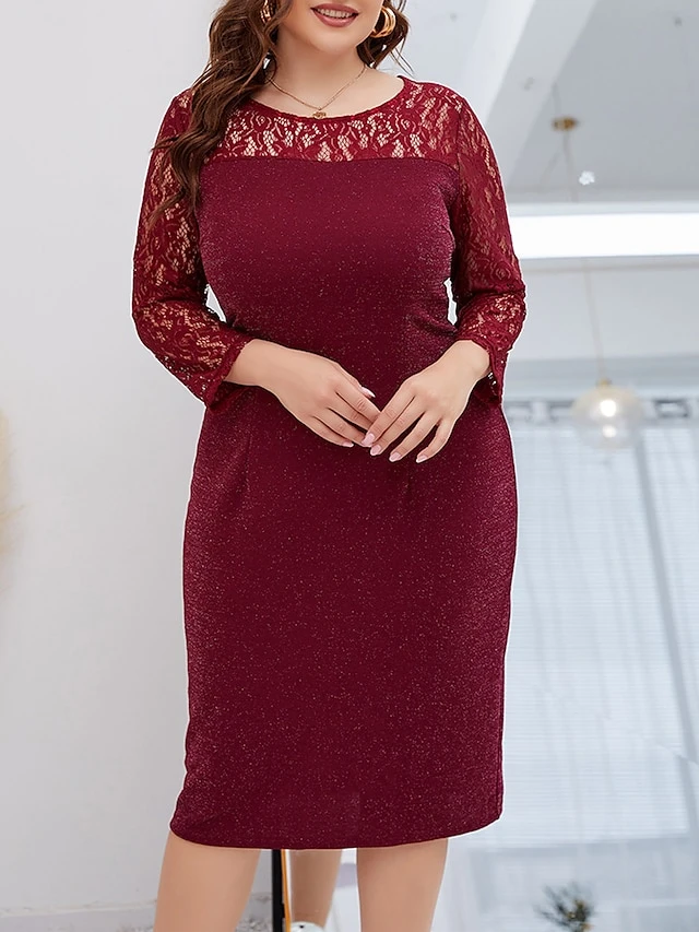 Women‘s Plus Size Curve Party Dress Lace Dress Cocktail Dress Midi Dress Wine Long Sleeve Pure Color Lace Spring Fall Winter Crew Neck Fashion Winter Dress Birthday Wedding Guest 2023 1 Women‘s Plus Size Curve Party Dress Lace Dress Cocktail Dress Midi Dress Wine Long Sleeve Pure Color Lace Spring Fall Winter Crew Neck Fashion Winter Dress Birthday Wedding Guest 2023