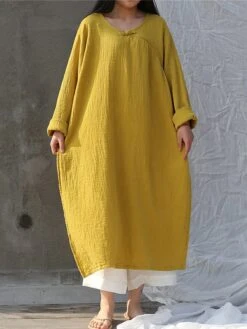 Women's Casual Dress Cotton Linen Dress Loose Dress Maxi Long Dress Linen / Cotton Blend Daily Stylish Outdoor Daily Vacation Crew Neck Split Long Sleeve Spring Fall Winter 2023 Loose Fit Black White