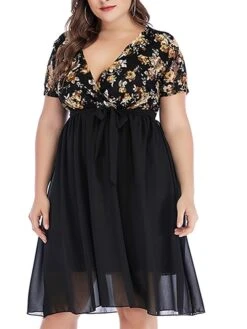 Women‘s Plus Size Curve Party Dress Cocktail Dress Wedding Guest Dress Midi Dress Black Wine Short Sleeve Floral Lace Up Summer Spring Fall V Neck Fashion Birthday Wedding Guest Vacation 2023 -HAYz Clothing Shop znylro1691399394934