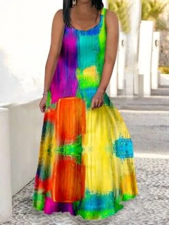 Women‘s Plus Size Curve Casual Dress Swing Dress Strap Dress Color Block Long Dress Maxi Dress Sleeveless Print Strap Romantic Daily Light Yellow Multicolor Summer Spring L XL XXL 3XL 4XL