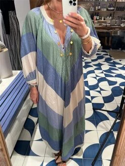 Women's Casual Dress A Line Dress Summer Dress Long Dress Maxi Dress Polyester Fashion Streetwear Outdoor Daily Date V Neck Pocket Split Long Sleeve Summer Spring Fall 2023 Regular Fit Blue Geometric -HAYz Clothing Shop zomjbm1682665938660