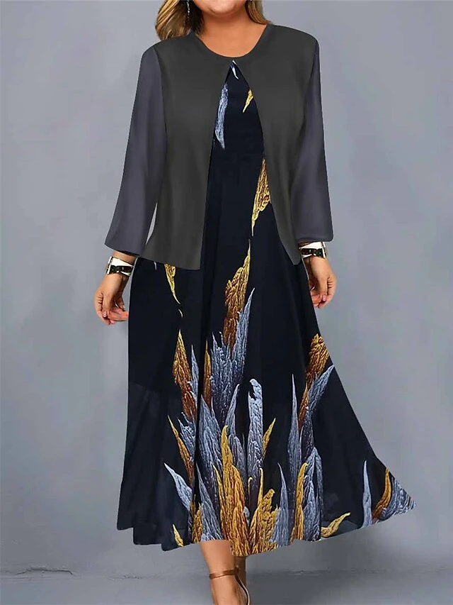 Women's Plus Size Curve Casual Dress Dress Set Two Piece Dress Floral Midi Dress Long Sleeve Print Crew Neck Mature Outdoor Black Wine Fall Winter L XL XXL 3XL 4XL 1 Women's Plus Size Curve Casual Dress Dress Set Two Piece Dress Floral Midi Dress Long Sleeve Print Crew Neck Mature Outdoor Black Wine Fall Winter L XL XXL 3XL 4XL