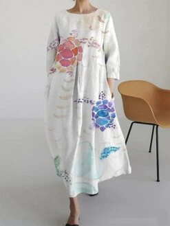 Women's Casual Dress Cotton Linen Dress A Line Dress Maxi Long Dress Linen / Cotton Blend Daily Ethnic Style Work Daily Vacation Crew Neck Patchwork Print 3/4 Length Sleeve Spring Fall Winter 2023