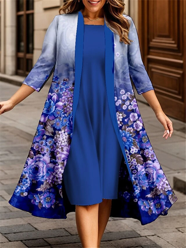 Women's Plus Size Curve Casual Dress Dress Set Two Piece Dress Floral Midi Dress 3/4 Length Sleeve Print Crew Neck Fashion Outdoor Red Blue Fall Winter L XL XXL 3XL 4XL 2 Women's Plus Size Curve Casual Dress Dress Set Two Piece Dress Floral Midi Dress 3/4 Length Sleeve Print Crew Neck Fashion Outdoor Red Blue Fall Winter L XL XXL 3XL 4XL - Image 2