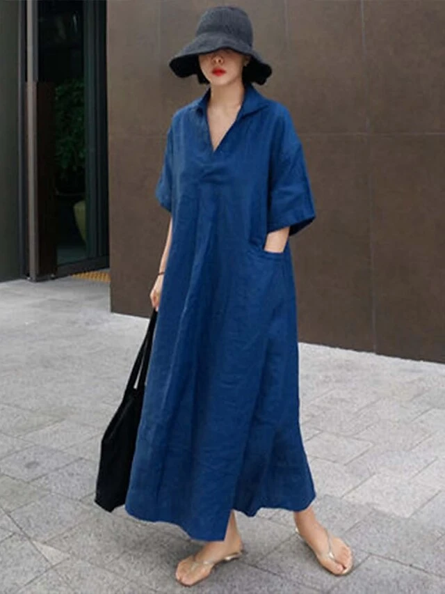 Women's Casual Dress Cotton Dress Swing Dress Cotton Blend Fashion Daily Date Vacation Weekend V Neck Baggy Short Sleeve White Navy Blue Khaki S M L XL 2XL 5 Women's Casual Dress Cotton Dress Swing Dress Cotton Blend Fashion Daily Date Vacation Weekend V Neck Baggy Short Sleeve White Navy Blue Khaki S M L XL 2XL - Image 5