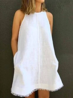 Women's Casual Dress Cotton Linen Dress White Dress Mini Dress Cotton Blend Casual Outdoor Daily Vacation Crew Neck Pocket Sleeveless Summer Spring 2023 Loose Fit Black White Yellow Pure Color S M L