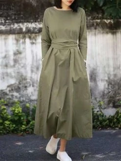 Women's Casual Dress Cotton Linen Dress Midi Dress Cotton Basic Classic Outdoor Daily Vacation Crew Neck Lace Up Pocket 3/4 Length Sleeve Spring Fall Autumn 2023 Loose Fit Black Red Navy Blue Plain S