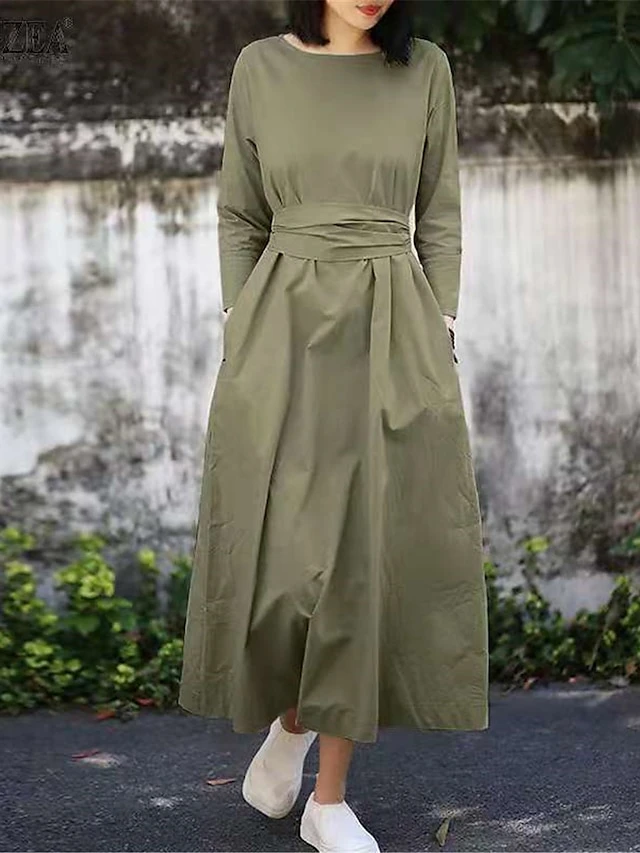 Women's Casual Dress Cotton Linen Dress Midi Dress Cotton Basic Classic Outdoor Daily Vacation Crew Neck Lace Up Pocket 3/4 Length Sleeve Spring Fall Autumn 2023 Loose Fit Black Red Navy Blue Plain S 1 Women's Casual Dress Cotton Linen Dress Midi Dress Cotton Basic Classic Outdoor Daily Vacation Crew Neck Lace Up Pocket 3/4 Length Sleeve Spring Fall Autumn 2023 Loose Fit Black Red Navy Blue Plain S