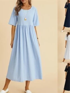 Women's Casual Dress Cotton Linen Dress Swing Dress Midi Dress Cotton Blend Fashion Modern Outdoor Daily Vacation Crew Neck Ruched Half Sleeve Summer Spring Fall 2023 Loose Fit Light Blue Black White