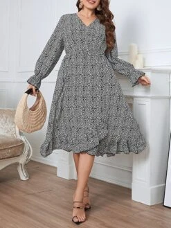 Women's Plus Size Party Dress Wedding Guest Dress Peplum Dresses Midi Dress Black Long Sleeve Print Ruffle Spring Fall Winter V Neck Fashion Winter Dress Evening Party Wedding Guest 2023 XL XXL 3XL