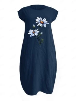 Women's Cotton Linen Dress Midi Dress Linen Cotton Blend Casual Outdoor Daily Vacation Crew Neck Pocket Rolled Cuff Short Sleeve Summer Spring 2023 Loose Fit Black White Navy Blue Floral S M L XL XXL -HAYz Clothing Shop zqllrm1654165016091
