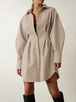 Women's Shirt Dress Casual Dress Mini Dress Outdoor Daily Date Polyester Fashion Basic Shirt Collar Button Long Sleeve Fall Winter 2023 Regular Fit Black White Brown Pure Color S M L -HAYz Clothing Shop zqylue1695644832463