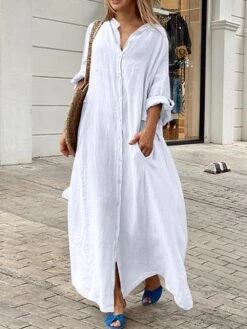 Women's Casual Dress Cotton Linen Dress Black Dress Maxi Long Dress Linen / Cotton Blend Fashion Daily Outdoor Daily Vacation Stand Collar Button Pocket Long Sleeve Fall Autumn 2023 Loose Fit Black