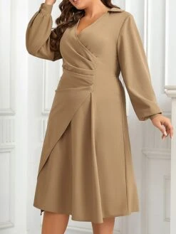 Women's Plus Size Curve Work Dress A Line Dress Plain Midi Dress Long Sleeve Ruched V Neck Fashion Office Khaki Fall Winter XL XXL 3XL 4XL -HAYz Clothing Shop zrjlxq1695279808387