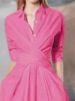 Women's Casual Dress Cotton Linen Dress Swing Dress Midi Dress Cotton Blend Fashion Modern Outdoor Daily Shirt Collar Button Pocket Half Sleeve Summer Spring Fall 2023 Regular Fit Rose Red Plain S M -HAYz Clothing Shop zrkqbm1684118322980