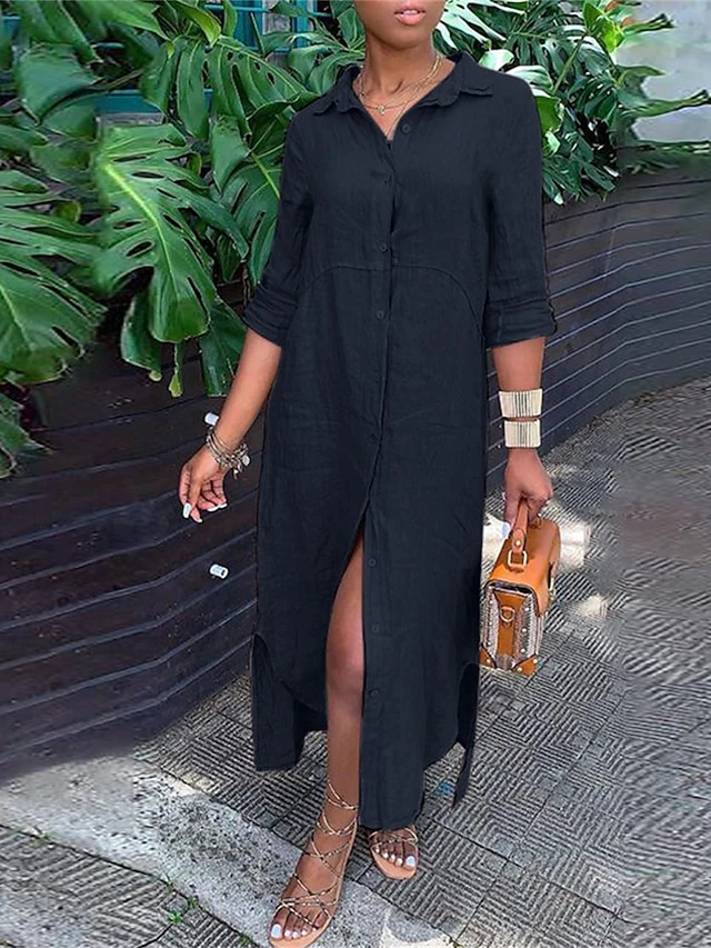 Women's Shirt Dress Cotton Linen Dress Casual Dress Maxi Long Dress Cotton Blend Classic Casual Outdoor Daily Vacation Shirt Collar Button Split Long Sleeve Summer Spring Fall 2023 Loose Fit White 3 Women's Shirt Dress Cotton Linen Dress Casual Dress Maxi Long Dress Cotton Blend Classic Casual Outdoor Daily Vacation Shirt Collar Button Split Long Sleeve Summer Spring Fall 2023 Loose Fit White - Image 3