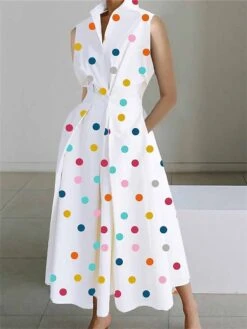 Women's Shirt Dress Casual Dress Work Dress Maxi Long Dress Outdoor Office Daily Polyester Fashion Modern Shirt Collar Button Pocket Sleeveless Summer Spring 2023 Loose Fit White Polka Dot S M L XL