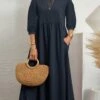 Women's Casual Dress Cotton Linen Dress Swing Dress Maxi Long Dress Cotton Blend Casual Daily Holiday Vacation Crew Neck Ruched Pocket 3/4 Length Sleeve Summer Spring 2023 Regular Fit Dark Green Dark
