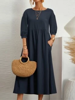Women's Casual Dress Cotton Linen Dress Swing Dress Maxi Long Dress Cotton Blend Casual Daily Holiday Vacation Crew Neck Ruched Pocket 3/4 Length Sleeve Summer Spring 2023 Regular Fit Dark Green Dark
