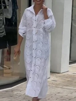 Women's Shirt Dress Casual Dress Cotton Dress Maxi Long Dress Cotton Modern Casual Outdoor Daily Vacation Shirt Collar Hollow Out Button Long Sleeve Summer Spring Fall 2023 Loose Fit White Plain S M