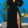 Women‘s Plus Size Curve Easter Dress V Neck Vacation Dress Solid Color Long Sleeve Winter Fall Stylish Casual Maxi Dress Holiday Date Dress Black Dress