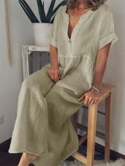 Women's Casual Dress Cotton Linen Dress Maxi Long Dress Cotton Blend Basic Classic Outdoor Daily Vacation Split Neck Button Short Sleeve Summer Spring 2023 Loose Fit Black White Blue Plain S M L XL -HAYz Clothing Shop zseyfq1688634748898