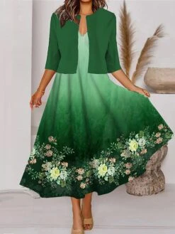 Women's Two Piece Dress Set Casual Dress Tank Dress Outdoor Daily Fashion Streetwear Pocket Print Midi Dress V Neck 3/4 Length Sleeve Floral Ombre Regular Fit Blue Brown Green Spring Fall S M L XL XXL -HAYz Clothing Shop zsihcs1690860562953