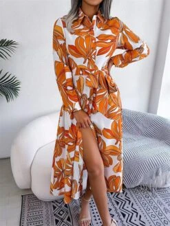 Women's Shirt Dress Casual Dress Midi Dress Outdoor Daily Vacation Polyester Classic Casual Shirt Collar Button Print Long Sleeve Summer Spring Fall 2023 Regular Fit Blue Purple Orange Flower S M L -HAYz Clothing Shop zssvvt1688536838502