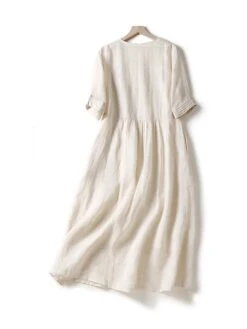 Women's Casual Dress Cotton Linen Dress Midi Dress Linen Basic Classic Outdoor Daily Vacation V Neck Pocket Half Sleeve Fall Autumn 2023 Loose Fit White Navy Blue Purple Plain M L XL 2XL -HAYz Clothing Shop zsxoco1693202611664