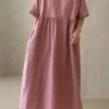 Women's Casual Dress Cotton Linen Dress Tiered Dress Maxi Long Dress Linen / Cotton Blend Daily Casual Outdoor Home Daily Crew Neck Pocket Short Sleeve Summer Spring 2023 Loose Fit Yellow Pink Plain