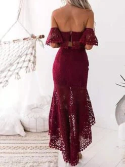 Women's Lace Dress Dress Set Two Piece Dress Long Dress Maxi Dress White Wine Dark Blue Short Sleeve Pure Color Lace Summer Spring Strapless Stylish Slim 2023 S M L XL -HAYz Clothing Shop ztakev1639730446301