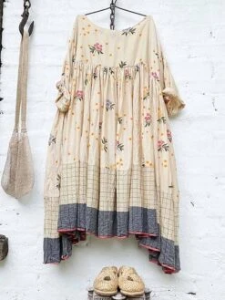 Women's Casual Dress Cotton Linen Dress Swing Dress Mini Dress Polyester Basic Casual Outdoor Daily Vacation Crew Neck Ruched Patchwork Half Sleeve Summer Spring Fall 2023 Regular Fit Khaki Plaid