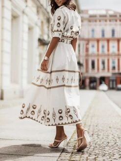 Women's Casual Dress Cotton Linen Dress White Dress Midi Dress Polyester Fashion Gothic Outdoor Daily Vacation Stand Collar Print Half Sleeve Summer Spring Fall 2023 Loose Fit Black Green Apricot -HAYz Clothing Shop ztbuwd1690369989446