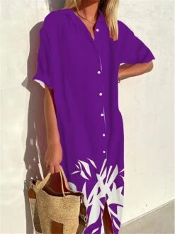 Women's Shirt Dress Casual Dress Midi Dress Outdoor Office Daily Polyester Fashion Modern Shirt Collar Button Print 3/4 Length Sleeve Summer Spring Fall 2023 Loose Fit Wine Navy Blue Blue Leaf S M L -HAYz Clothing Shop ztfqzv1691045261893