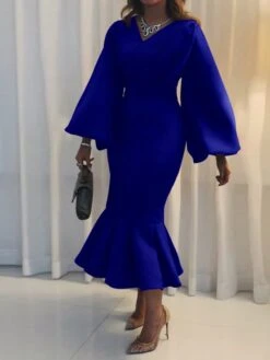 Women‘s Plus Size Curve Party Dress Solid Color V Neck Ruched Puff Sleeve Long Sleeve Winter Fall Casual Maxi Long Dress Party Vacation Dress Sheath Dress Black Dress -HAYz Clothing Shop ztgulu1649744192562