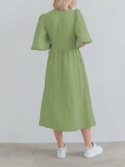 Women's Casual Dress Cotton Linen Dress Wrap Dress Midi Dress Cotton Basic Classic Outdoor Daily Vacation V Neck Lace Up Half Sleeve Spring Fall Autumn 2023 Regular Fit Orange Green Plain S M L -HAYz Clothing Shop ztildh1692872418334