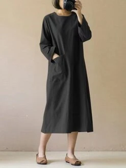 Women's Casual Dress Cotton Linen Dress A Line Dress Cotton Blend Fashion Daily Work Holiday Weekend Crew Neck Button Baggy Long Sleeve Navy Black Wine S M L XL 2XL -HAYz Clothing Shop ztrsro1690547090848