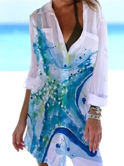 Women's Shirt Dress Cover Up Beach Wear Mini Dress Pocket Print Fashion Casual Fish Turndown 3/4 Length Sleeve Loose Fit Outdoor Daily White Blue 2023 Summer Spring S M L XL -HAYz Clothing Shop ztwjkl1676972499170