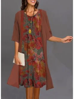 Women's Two Piece Dress Set Casual Dress Daily Vacation Modern Casual Print Midi Dress Crew Neck Half Sleeve Graphic Floral Loose Fit Wine Royal Blue Blue Summer Spring S M L XL XXL -HAYz Clothing Shop zubiof1680510942216